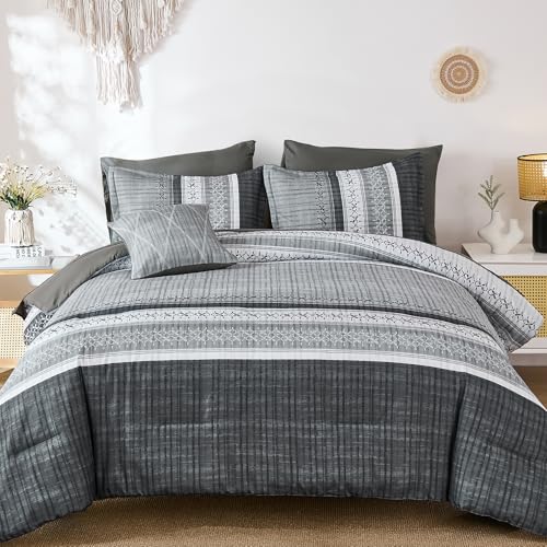 Image of Dintszyayue Grey King Comforter Size Set, 8 Pieces Striped Texture Bed in a Bag Bedding Sets, Lightweight Soft Comforter and Sheet Set, All Season Microfiber Teen Boys Bedding Sets for Men Women