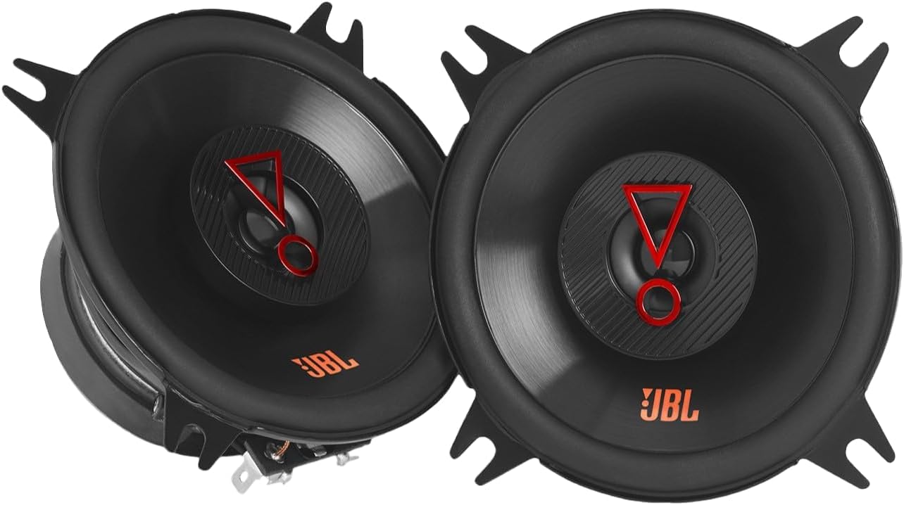 JBL Stage3 427F Altavoces Coaxiales 2 Vías 4 in / 10 cm para Coche | 30 W RMS / 150 W pico, 90 dB, 3 Ohm, 75 Hz-20 kHz - cono Plus One - tweeter cúpula PEI - diseño delgado