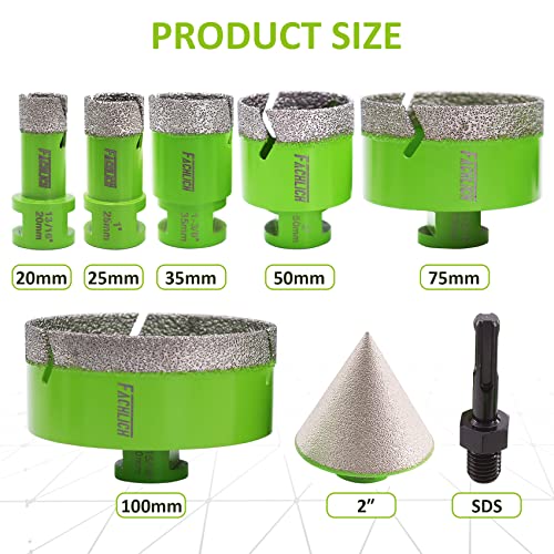 Image of Diamond Core Drill Bits Set - 8pcs (20 /25 /35 /50 /75 /100mm) + 2 inch Tile Chamfer Bit + SDS Adapter for Porcelain Ceramic Tile Granite Marble