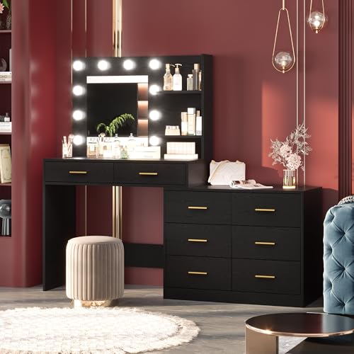 61" Make up Vanity Desk with Mirror and Lights, Black Vanity with 8 Wide Storage Drawers & 2 Tier Shelves, 3 Lighting Modes with Adjustable Brightness for Bedroom