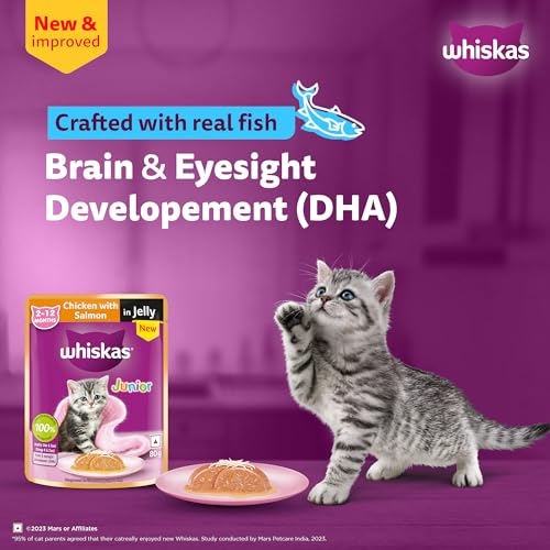 Image of Whiskas Junior Kitten (2-12 Months) Wet Cat Food, Chicken with Salmon in Jelly, 80 g x 28, Hydrating Food Made with Real Fish, 100% Complete & Balanced Nutrition for Kittens