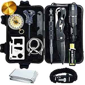 Survival Kit 12 in 1 Ultimate Outdoor Emergency Camping Tool with Paracord Bracelet Compact Knife Multitool Compass, Hard Shell Case – BATTERIES INCLUDED