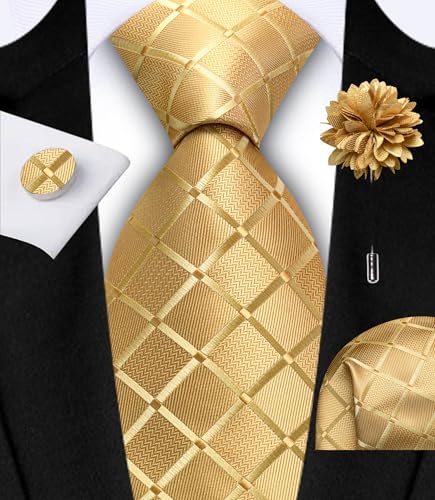 Image of GUSLESON 3.15 inch（8cm） Mens Tie and Lapel Pin Plaid Checkered Necktie Hankerchief Cufflinks Set for Men
