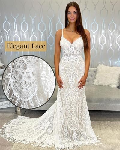 Boho Wedding Dess with Detachable Sleeves Lace Mermaid Sweetheart Spaghetti Straps Beach Bridal Gown WD0632