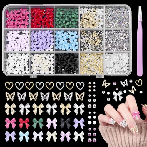 Bow Nail Charms and Gems, Bowknot Heart Alloy Nail Art Jewels, Cute 3D Bows Tie Nail Art Charms, Red Pink Color White Nail Bow Charms for Nails Design DIY Supplies Accessories