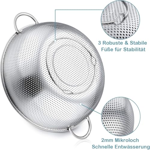 Image of KRESHU 22.5cm Stainless Steel Rice Washing Colander Strainer with Handle Micro-Perforated Strainer for Clean & Drain Vegetable /Fruit /Pasta /Rice Dishwasher Safe Washing Bowl (Pack of 1)