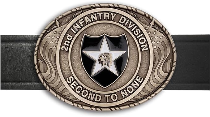 Indiana Metal Craft US Army 2nd Infantry Division Double USA Flag Solid Brass Buckle with Belt, MADE IN USA (Buckle with Belt)