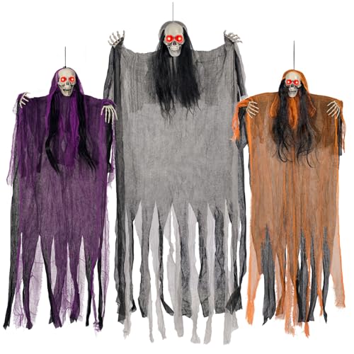 Image of Halloween Decorations,3 Pack Halloween Hanging Skeleton Ghosts with Lighted Up Eyes,Scary Colourful Cloth Grim Reapers for Indoor,Outside Yard Lawn,Haunted House Prop,Party Supplies