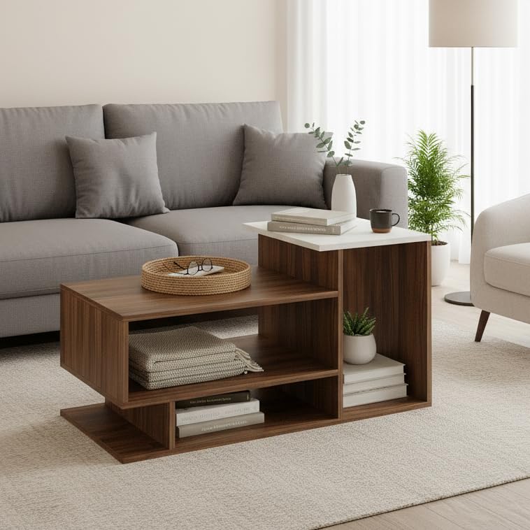 Image of FURNEASER Afaria Modern Engineered Wood Coffee Table with Storage Shelves | Center Table for Living Room & Sofa Area | Multi Level Open Rack Design | DIY Furniture