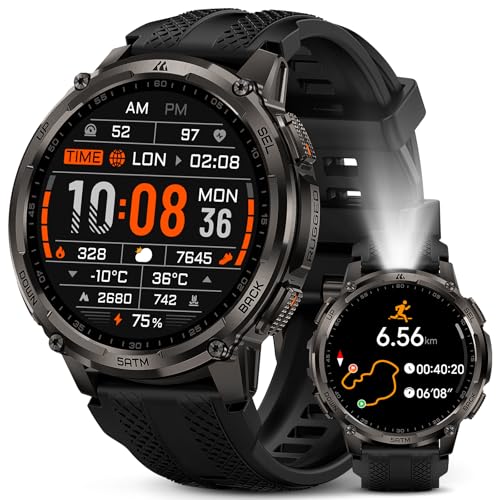 KOSPET Tank T4C Rugged Smart Watch with GPS Built-in LED Flashlight 5ATM Waterproof 170+ Sport Modes 1.5 AMOLED Display Long Battery Life Heart Rate/Sleep Monitor Bluetooth Call/Walkie-Talkie