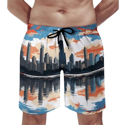 Men's Chicago Skyline Swim Trunks Quick-Dry Beach Shorts with Drawstring Casual Pants for Swimming Running
