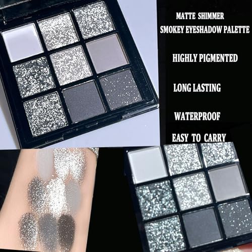 9 Farben Braune Lidschatten Palette, Glitzer Lidschatten Matt Schimmer Natürlich Langanhaltend Wasserdicht Hoch Pigmentiert Smokey Eyeshadow Palette Für Frauen Augen Make-up (Black Gray)