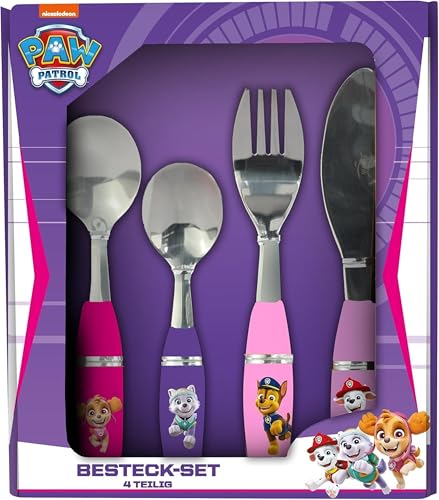 PAW PATROL p:os 33792 - ensemble de couverts pour filles, ensemble de couverts pour enfants 4 pièces en acier inoxydable avec poignées en plastique, couteau,...