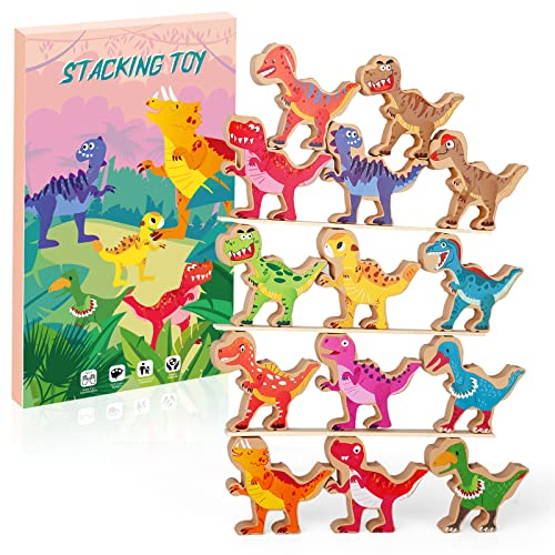 Dinosaur Stacking Building Toys for Kids 3-5, 14 PCS 3 inches Wooden STEM Educational Learning Toys Stocking Stuffers for Kids Classroom Party Favors Game Gifts for 5-7 Years Old Boy Christmas Girls