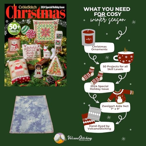 Image of VolcanoStitching 2024 Christmas Just Cross Stitch Magazine + 14ct Aida | 2024 Just Cross Stitch Christmas Ornaments magazine bundled with hand-dyed 14-count Aida cross stitch fabric.