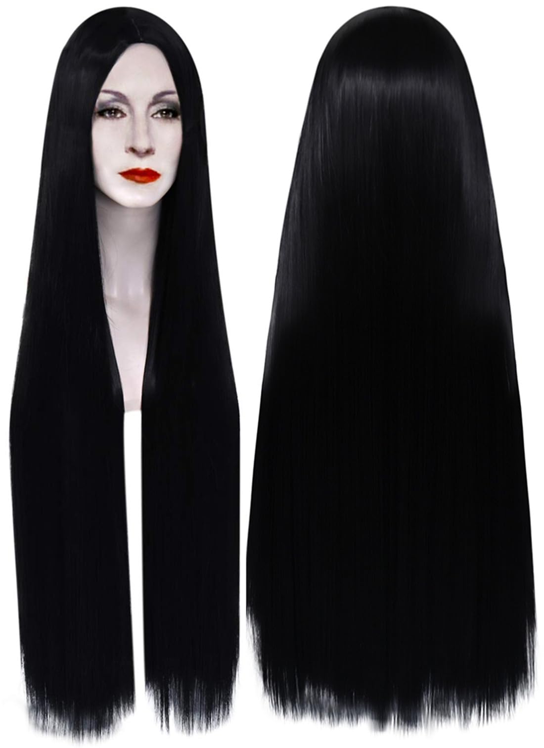 DE101BK Women's 100 cm Extra Long Wig Black for Morticia Addams Costume Wig Natural Wig Black Long for Halloween Carnival
