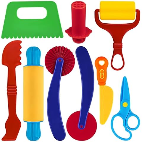 Oun Nana Playdough Tool Kit for Kids, 9 PCS Basic Playdough Starter Set, Playdough Accessories with Pizza Cutter, Safety Scissors, Rolling Pin, Roller, Dough Scraper, Dough Extruder, Plastic Knife Cover