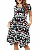 Invug Women Casual Loose Soft Crewneck Short Sleeve Pockets Swing T-Shirt Zigzag Hem Dress Christmas