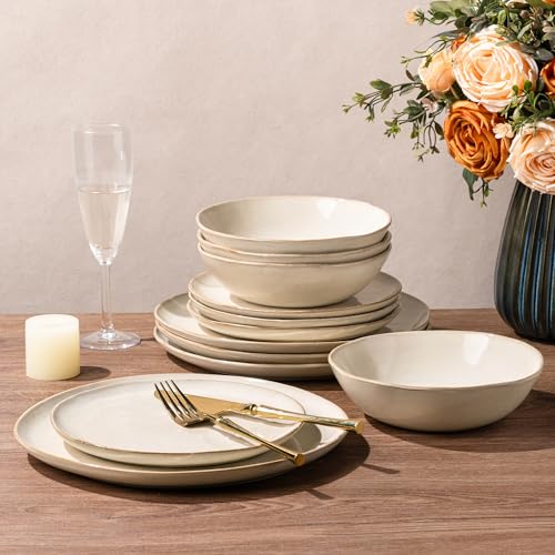 Image of AmorArc Ceramic Dinnerware Sets for 4, 12Pcs Plates and Bowls Sets Dishes | Stoneware Handmade Reactive Glaze Dinner Set, Highly Scratch Resistant | Dishwasher & Microwave Safe Dishware