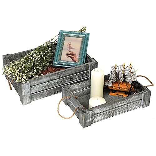 MyGift Decorative Whitewashed Gray Nesting Storage Crates with Twisted Rope Handles, Set of 2