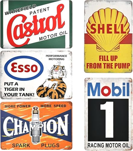 RONMOSNEA Lot de 5 plaques en métal rétro pour garage, moto, garage, essence, plaque murale en métal, plaque murale vintage, voiture, atelier, décoration...