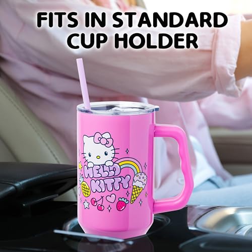 Image of Silver Buffalo Sanrio Hello Kitty Summer Double Walled Stainless Steel Tumbler with Handle, Fits in Standard Cup Holder, 40 Ounces