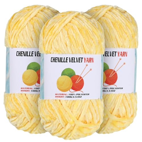 Image of 3 * 100g Velvet Chenille Chunky Yarn for Crocheting, Handcrafts Weaving Soft Chenille Yarn for Crocheting Clearance, Used for Making Baby Yarns Blanket, Clothes, Knitting Creations (Yellow)