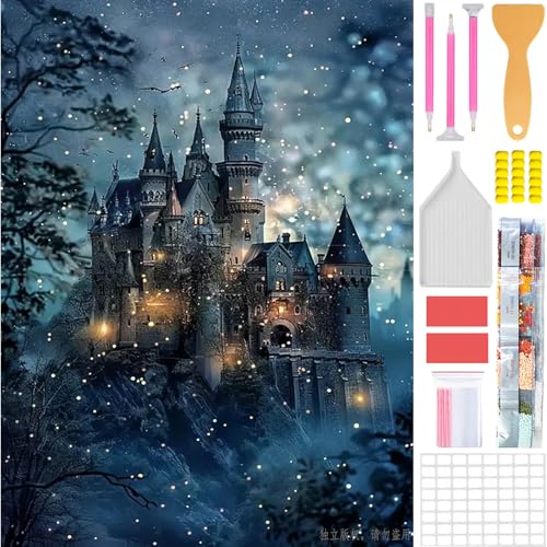 Amyaker ダイヤモンドアート キット 四角いビーズ ダイアモンドビーズ絵画キット 日本語キャンバス DIY 手作り絵画 手芸キット モザイクアート 5D モザイクアート ダイヤモンド塗装 全面貼り付けタイプ 30x40cm 夜の城