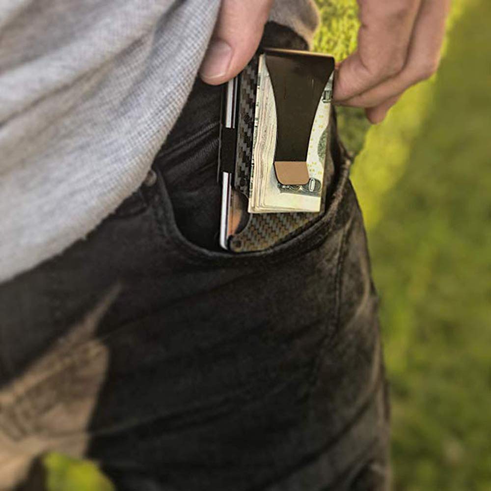 Etui na karty kredytowe, z włókna węglowego, etui na karty kredytowe z klipsem na pieniądze i ochroną RFID, na karty kredytowe, karty płatnicze, czarne, czarny, S, Portfel RFID