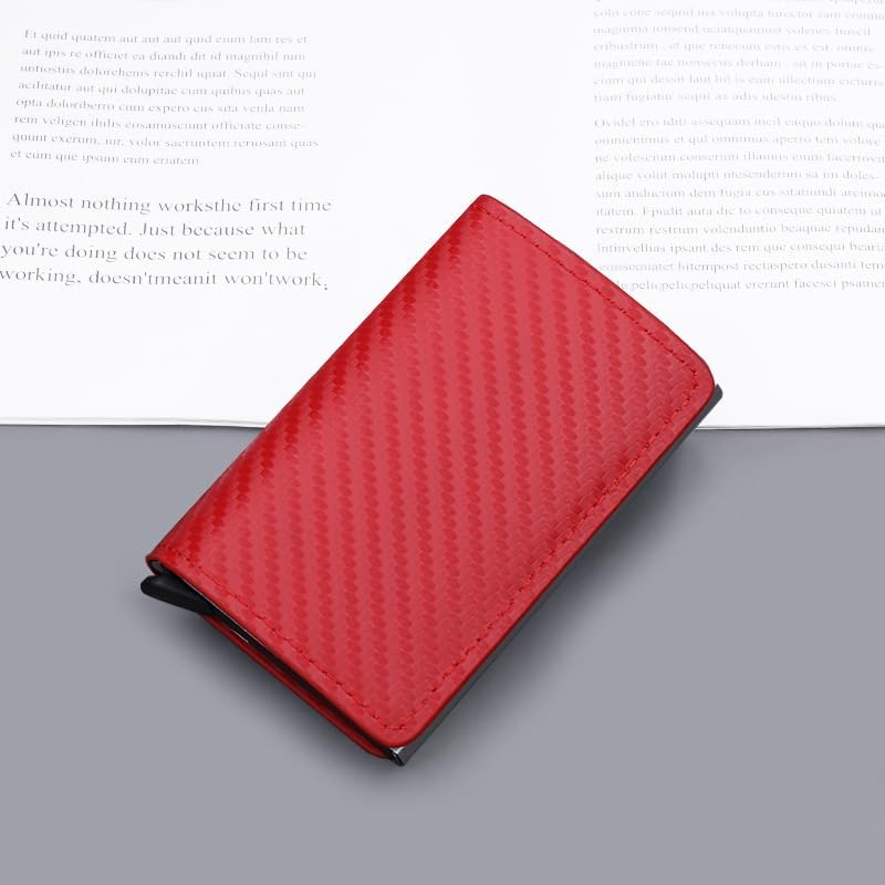 Slim Wallet for Men - Pop up Card Holder RFID Blocking Minimalist Business Credit Card Wallet with Money Pocket Metal Card Case for 7-10 Card Capacity (carbon fiber red)3
