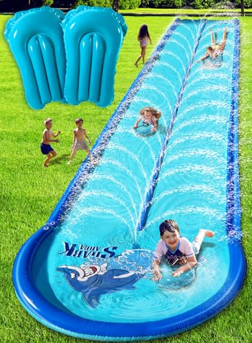 Slip and Water Slide for Kids and Adults Backyard with Extra-Large Inflatable Guard Rails and Dual Way Water Sprayers,Heavy Duty and Extra Long Design with Two Inflatable Bodyboards