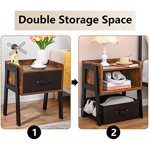 Iwell Nightstand Set Of 2 With Drawer, Side Table With Wood Legs, Bedside Table For Bedroom, Rustic Brown #TOP3