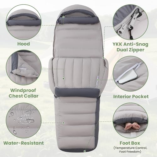 Bolsa de Dormir Mummy Down para Adultos; 0°F 15°F 650 Fill Power para Senderismo, Camping y Mochilero; 4 Estaciones; Ligera (Gris/0°F/Cremallera Derecha/Duck Down) miniatura 4