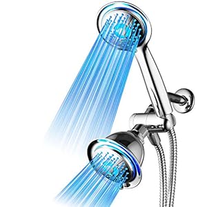 Dream Spa All Chrome 3-way LED Shower Head Combo with Air Jet LED Turbo Pressure-Boost Nozzle Technology. Color of LED lights changes automatically according to water temperature