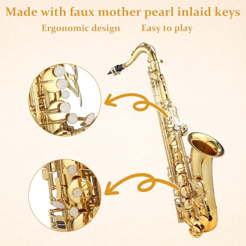 Image of Senfot Bb Tenor Saxophone Beginner Kit - AS 200 Bb Saxophone Includes Mouthpiece, Neck Strap, Reeds, Cleaning Cloth, Carrying Case (Gold)