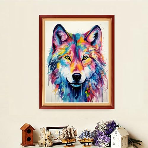 Image of Dooxvey Cross Stitch Kits for Adults Stamped Full Range of Embroidery Starter Kits for Beginners 11CT Printed Cross Stitch Patterns Needlepoint Kits Stamped Crossstitching-Rainbow Wolf 16x20 inch