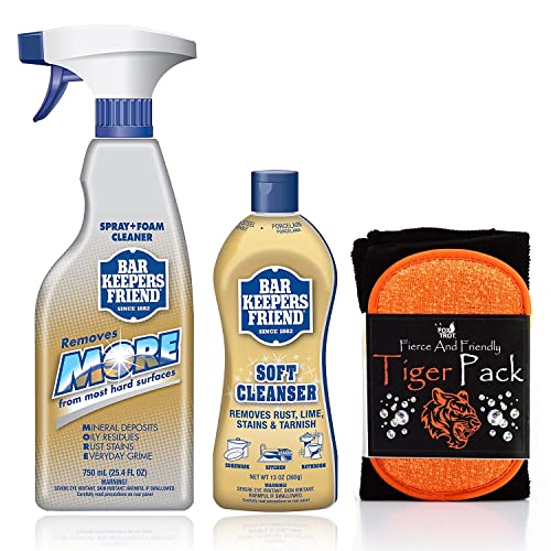 Fox Trot Bar Keepers Friend Soft Cleanser bundled with Barkeepers Friend Premixed Formula Spray & Tiger Pack Cleaning Kit (13oz Soft Cleanser + 25oz Spray) - Effective Hard Water Stain Remover