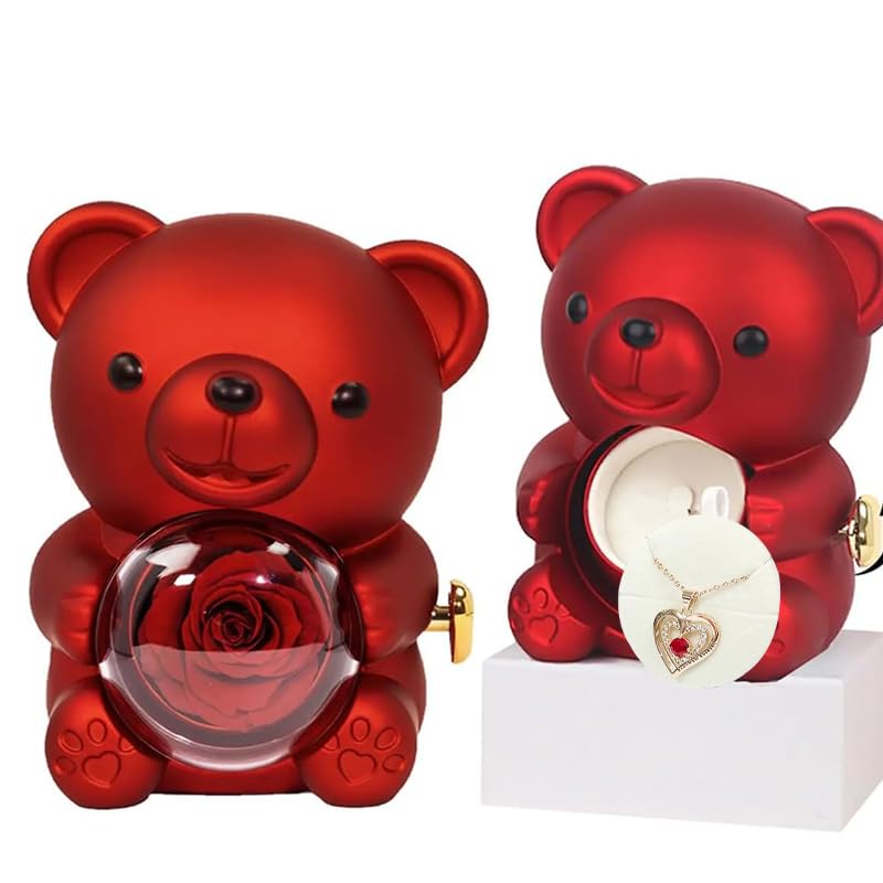 Preserved Red Real Rose & Cute Red Bear Box, Mothers Day Rose Gifts for Mom, Birthday Gifts for Women, Mom Gift from Daughter