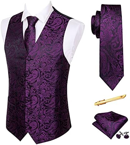 Barry.Wang Men Paisley Purple Dress Vest Matched Tie Set Suit Waistcoat Formal Wedding 5PCS