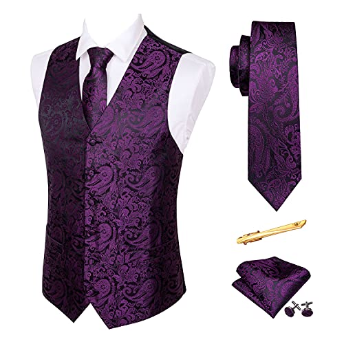 Image of Barry.Wang Men's Suit Vest Formal /Leisure Paisley Jacquard Silk Tie Pocket Square Waistcoat Set Wedding 5PCS