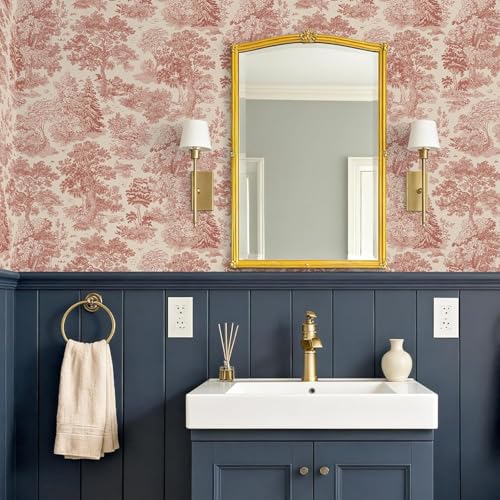 Image of Textured Wallpaper Peel and Sticks Vintage Flowers Leaves Pattern Design Toile de Jouy Wallpaper, Red and Cream, Pastoral Landscape Pattern, French Country Style Vinyl Adhesive 16.5&87inch