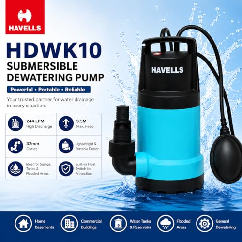 Image of Havells HDWK10 Submersible Dewatering Pump | 244 LPM High Discharge | 9.5M Max Head | Portable Water Drainage Pump | 32mm Outlet | Sumps, Tanks & Flooded Areas | 1 Year Warranty