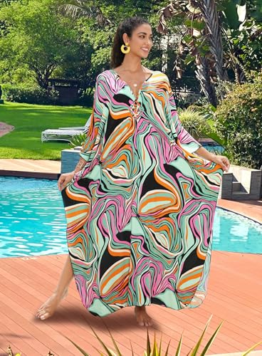 Image of Yanziliu Kaftan Dress for Women,Plus Size Hawaiian Batwing Sleeve Beach Cover Up Summer Swimsuit Dresses