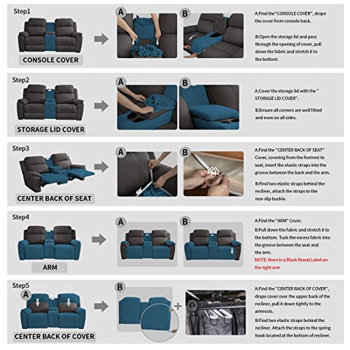 Image of Easy-Going Stretch Recliner Loveseat Cover with Center Console Sofa Slipcover Soft Fitted Fleece 2 Seats Couch with Holder and Storage Washable Furniture Protector Peacock Blue