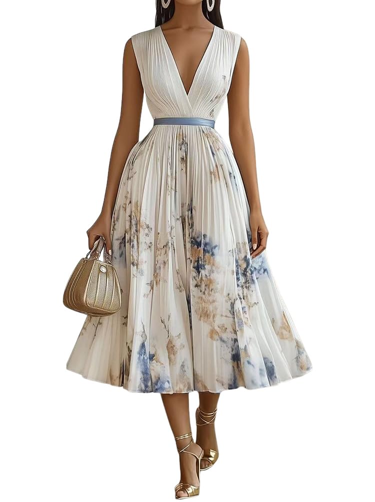 shownicer Vestito Donna Elegante Abito Cerimonia Vestito Lungo Stampa Floreale Senza Maniche Vestiti in Chiffon Estate