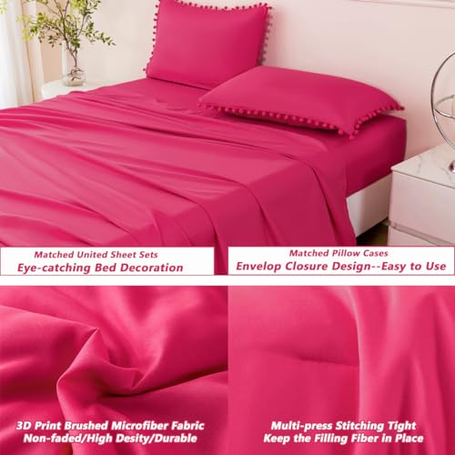 PERFEMET 5 Piece Hot Pink Bed in A Bag Queen Size Set Boho Pom Pom Comforter with Sheet Set Soft Fluffy Solid Bedding Set for Girls Women(Hot Pink, Queen) — view 6
