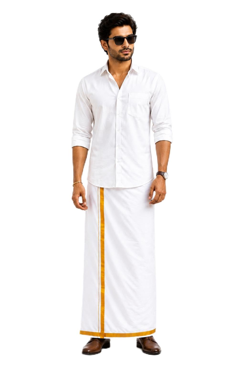 Pure Cotton Traditional Dhoti/Lungi Premium White with Golden Jari Border, 100% Cotton, 2.25 Meter, Soft & Breathable, for Festivals & Ceremonies-picture-22