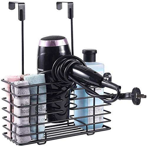 YCOCO Wall Mount Safe Hair Dryer Holder,Bathroom Over Door Hanging Basket and Stand with Multiple Storage Slots for Hair Dryer,Flat Irons,Curling Wands,Hair Straighteners,Black