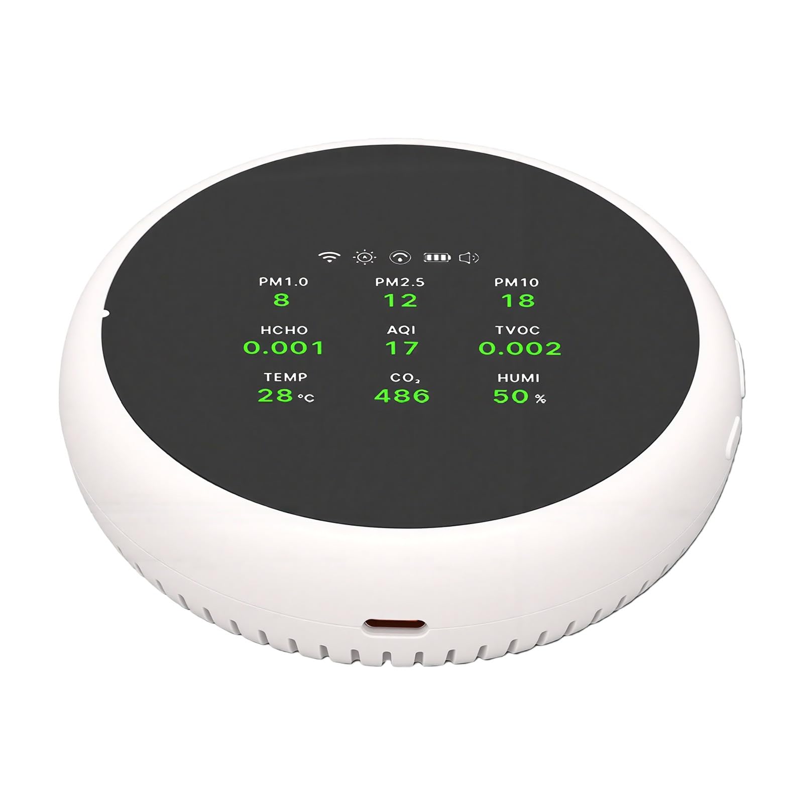 Zunate Moniteur Intelligent de qualité de l'air Intérieur CO2 PM2,5 PM10 TVOC HCHO avec Affichage de la Température et de l'humidité, Testeur de qualité de 'air Rond Blanc pour le Bureau à Domicile