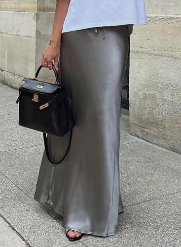 ebossy Women's Elegant Satin Silk Maxi Skirt Drawstring High Waisted A-line Cocktail Party Long Skirt2